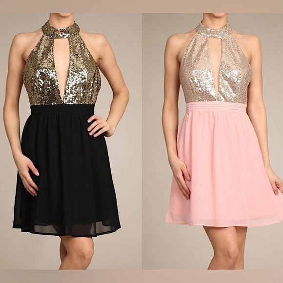 RICKETY RACK #53 Sparkling Gold White Sequin Halter Dress S M L - Picture 4 of 4